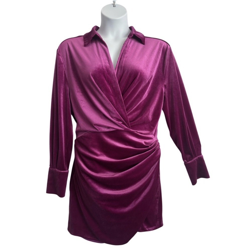 NWT Fashion Nova Sz: XL Sexy Velour Magenta Faux Wrap Mini Dress